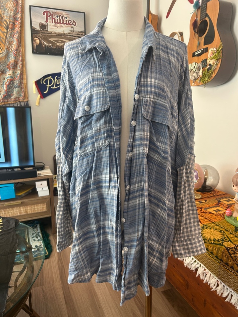 American Eagle Outfitters Blue and White Plaid Button-Up Shirt